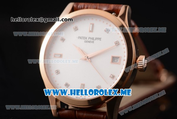 Patek Philippe Calatrava Miyota 9015 Automatic Rose Gold Case with White Dial and Diamonds Markers Brown Leather Strap - Click Image to Close